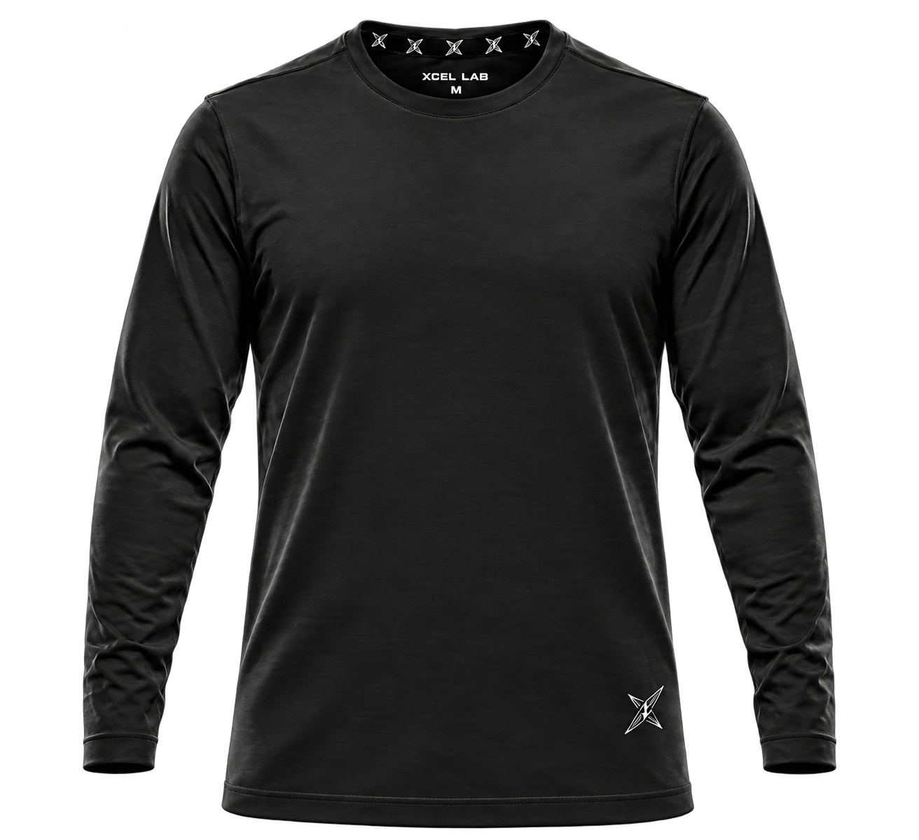 Black Xcel Lab long-sleeve shirt with printed logo and Xcel Lab neck label