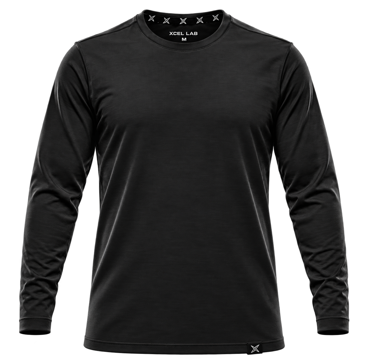 Black Xcel Lab long-sleeve shirt with woven hem tag and Xcel Lab neck label
