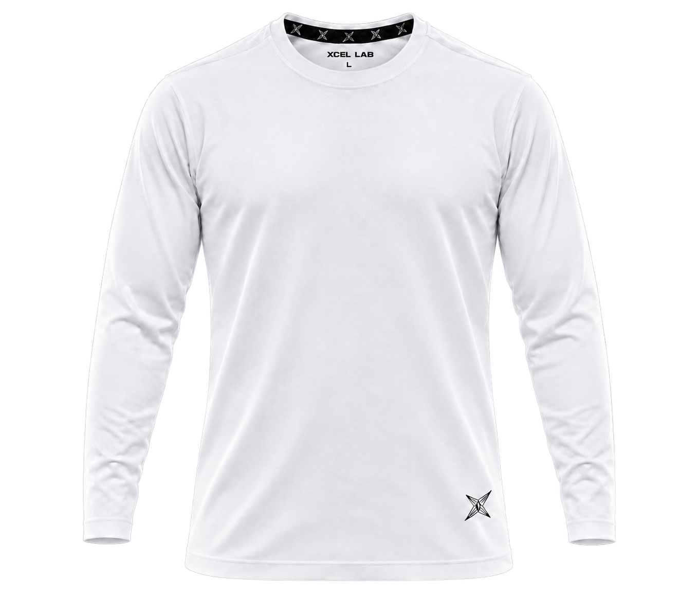 White Xcel Lab long-sleeve shirt with printed logo and Xcel Lab neck label