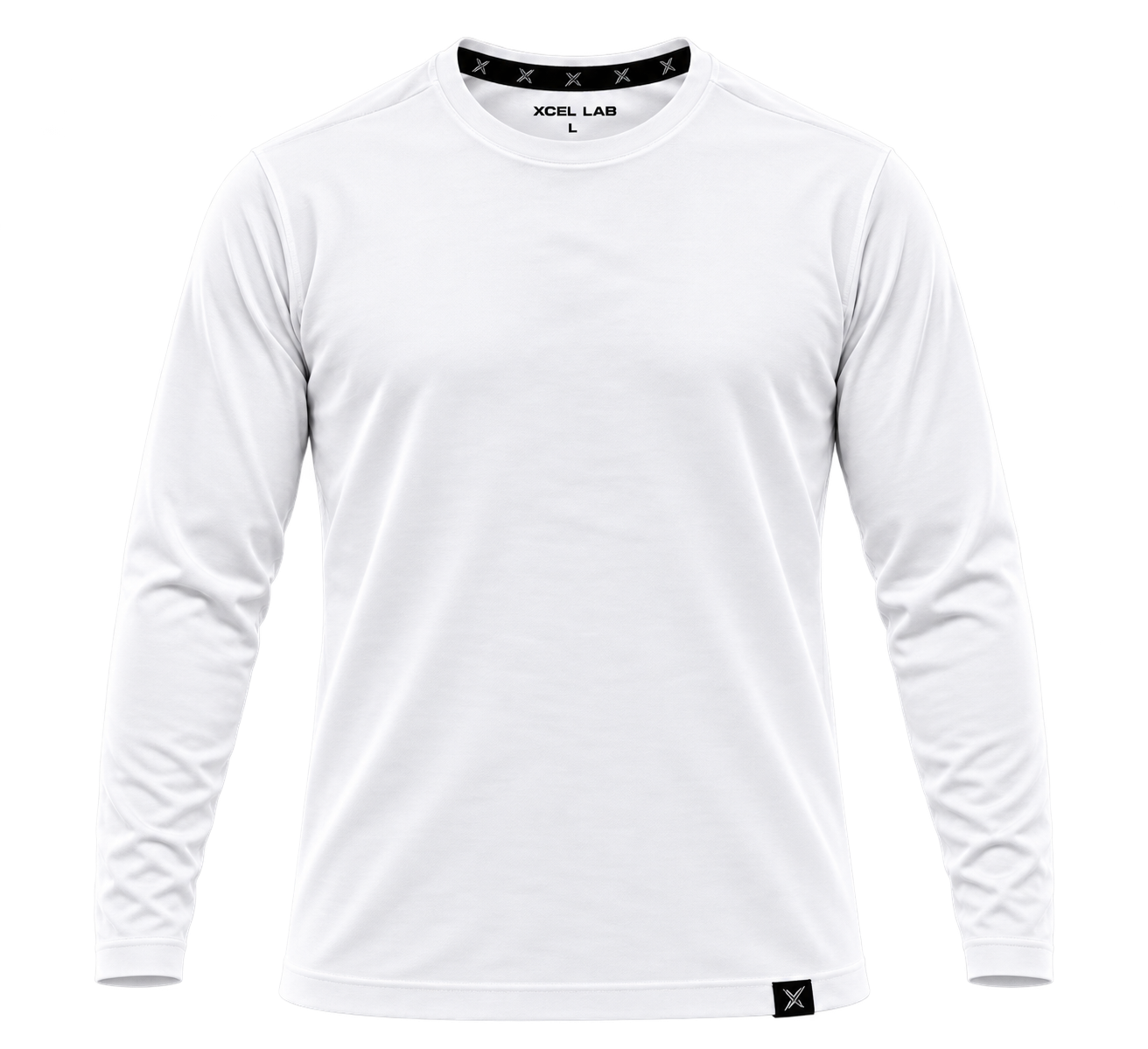 White Xcel Lab long-sleeve shirt with woven hem tag and Xcel Lab neck label