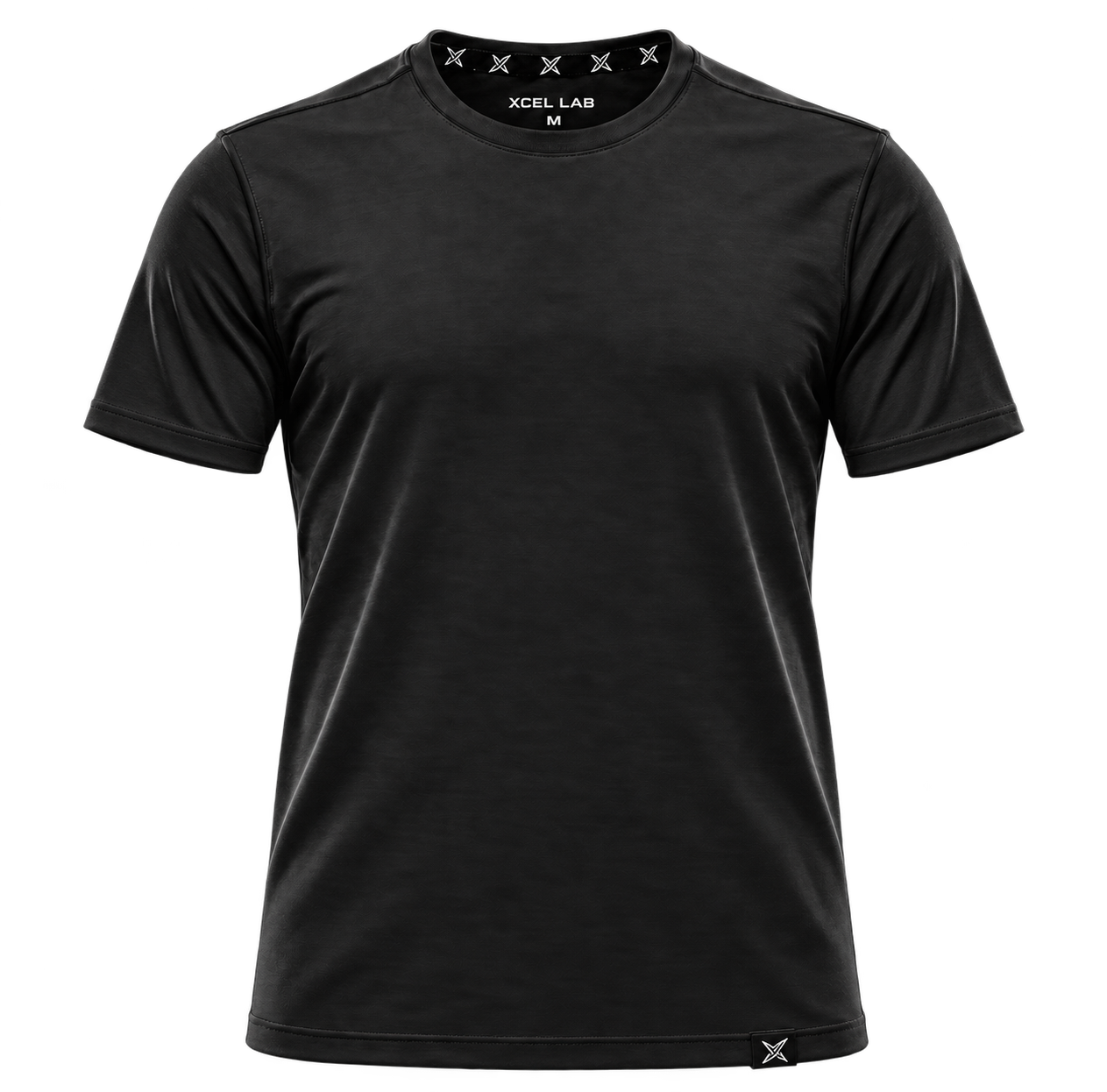 Black Xcel Lab short-sleeve shirt with woven hem tag and Xcel Lab neck label