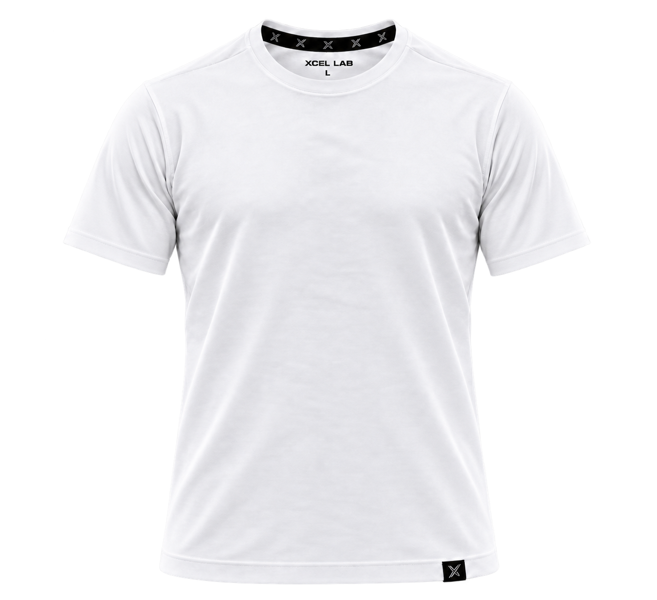 White Xcel Lab short-sleeve shirt with woven hem tag and Xcel Lab neck label