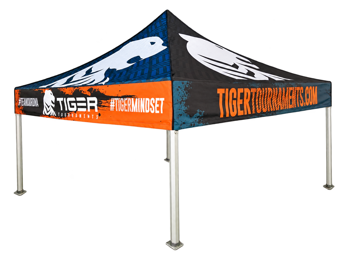 Black and teal Tiger tournament canopy photographed from the side
