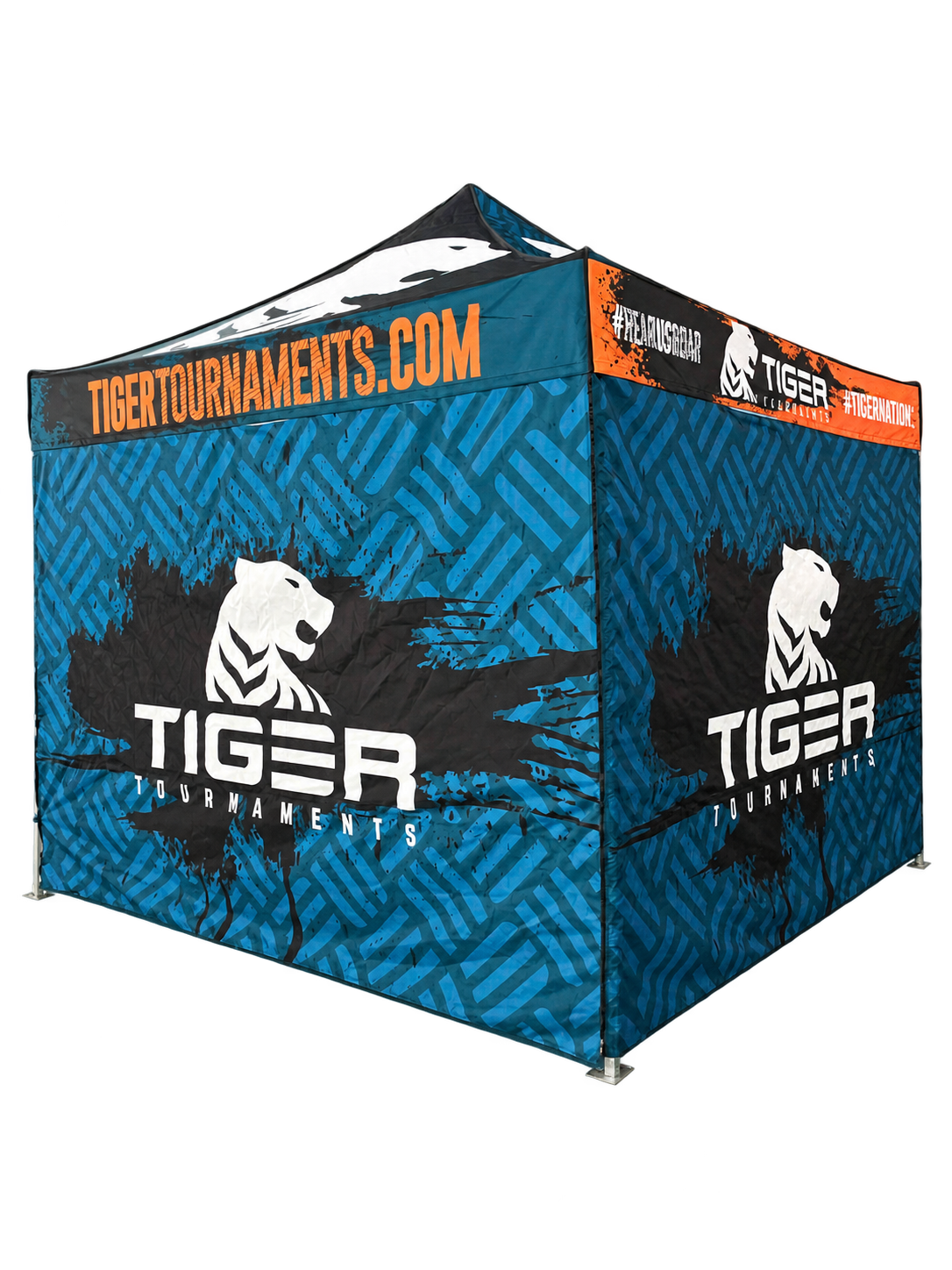 Black and teal tournament canopy with printed sidewalls