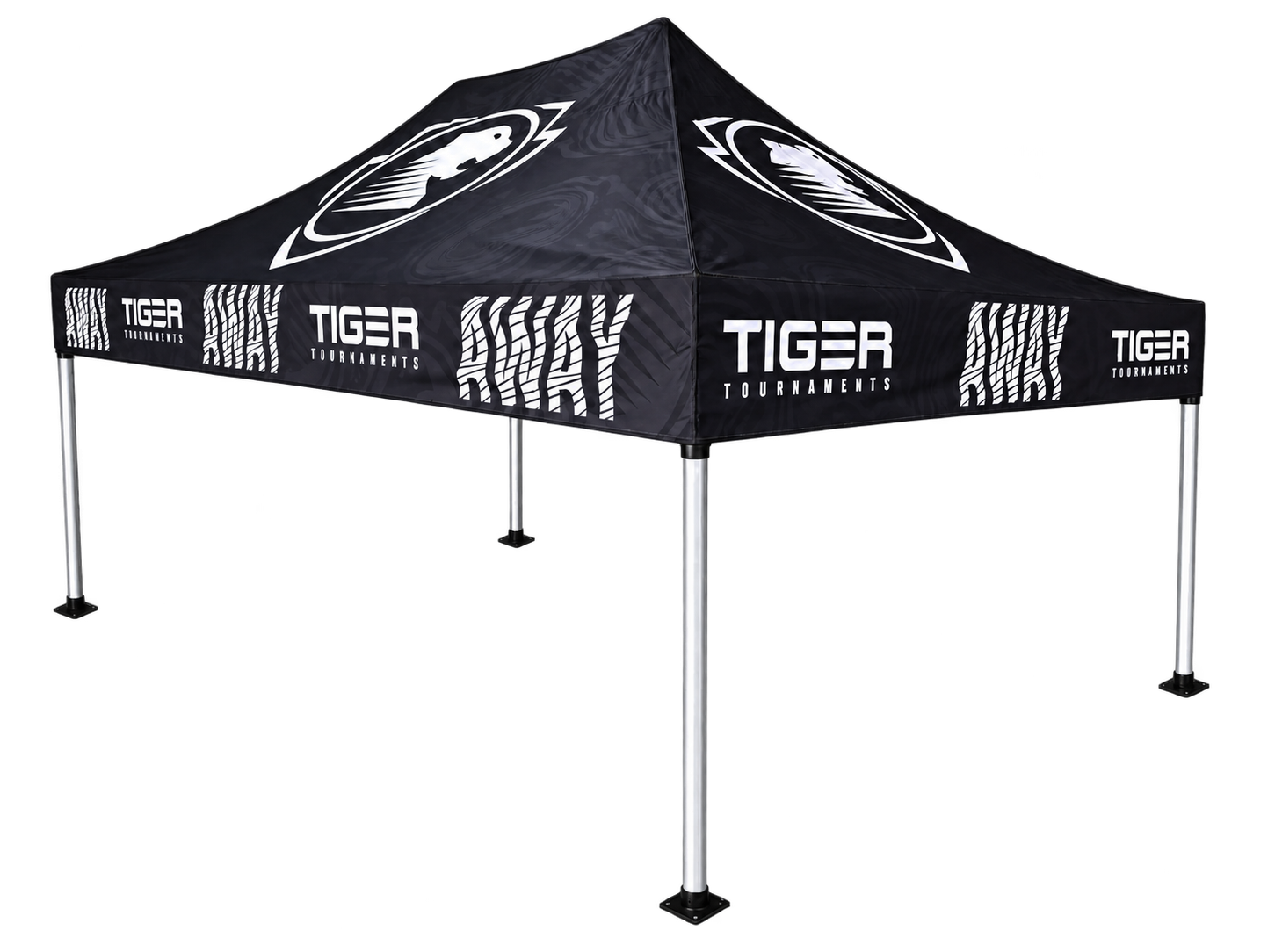 Black custom branded tournament canopy tent, three-quarter view
