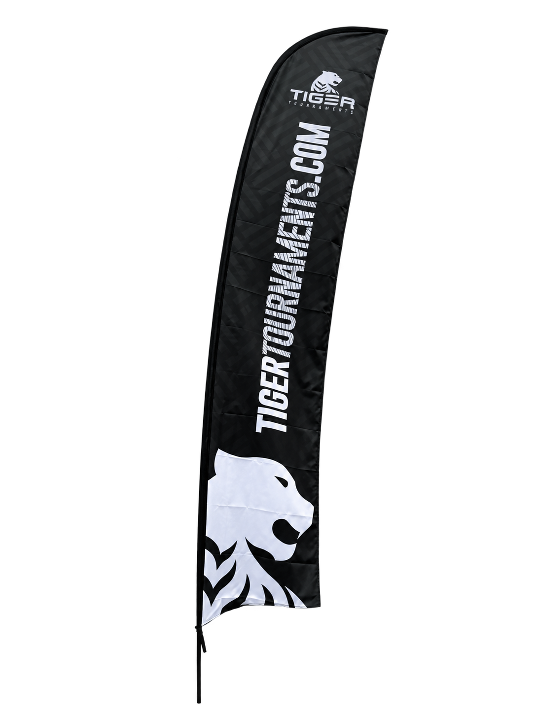 Black Tiger Tournaments feather flag beside a soccer goal