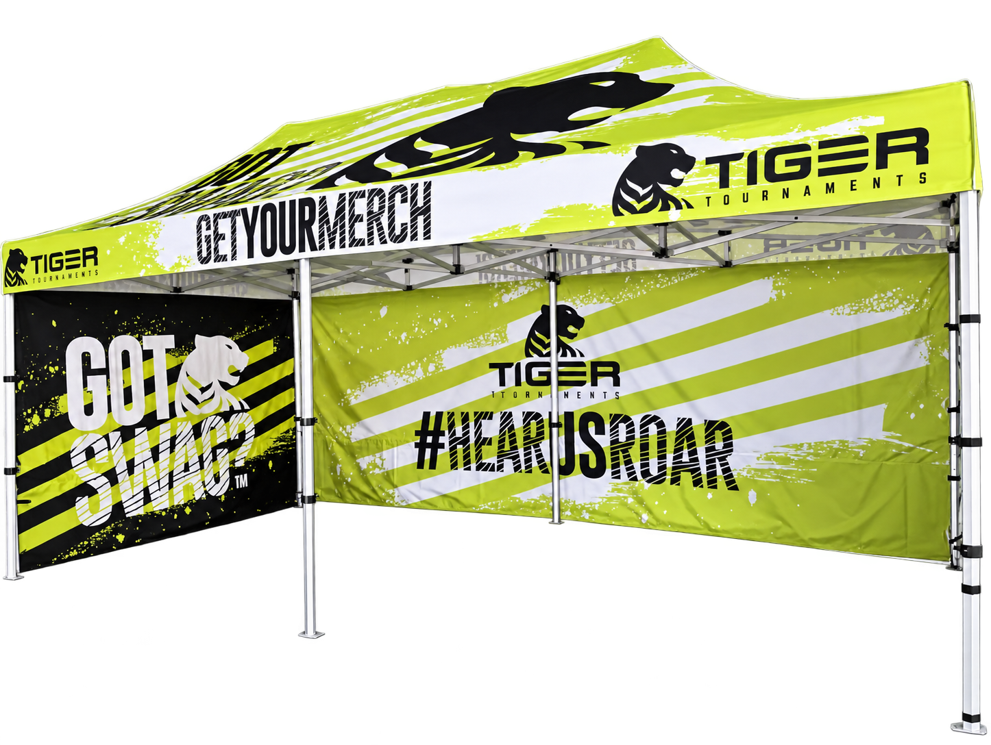 Custom lime merchandise canopy with printed sidewalls