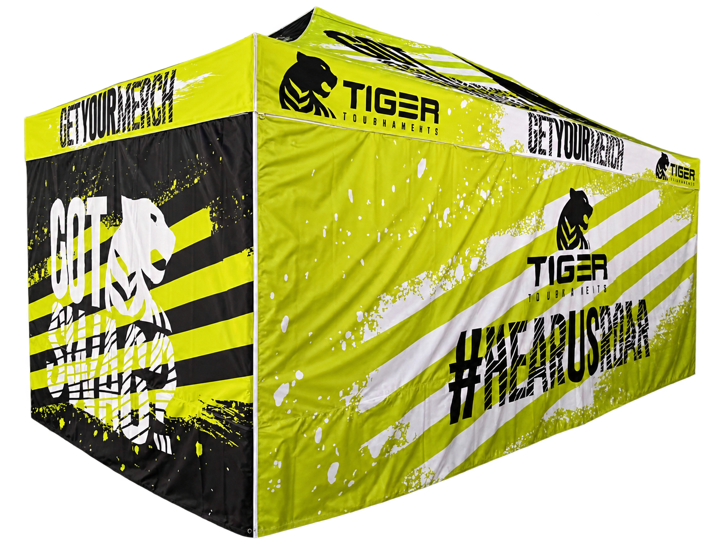 Lime and black Tiger merchandise canopy with printed sidewalls, isolated side view