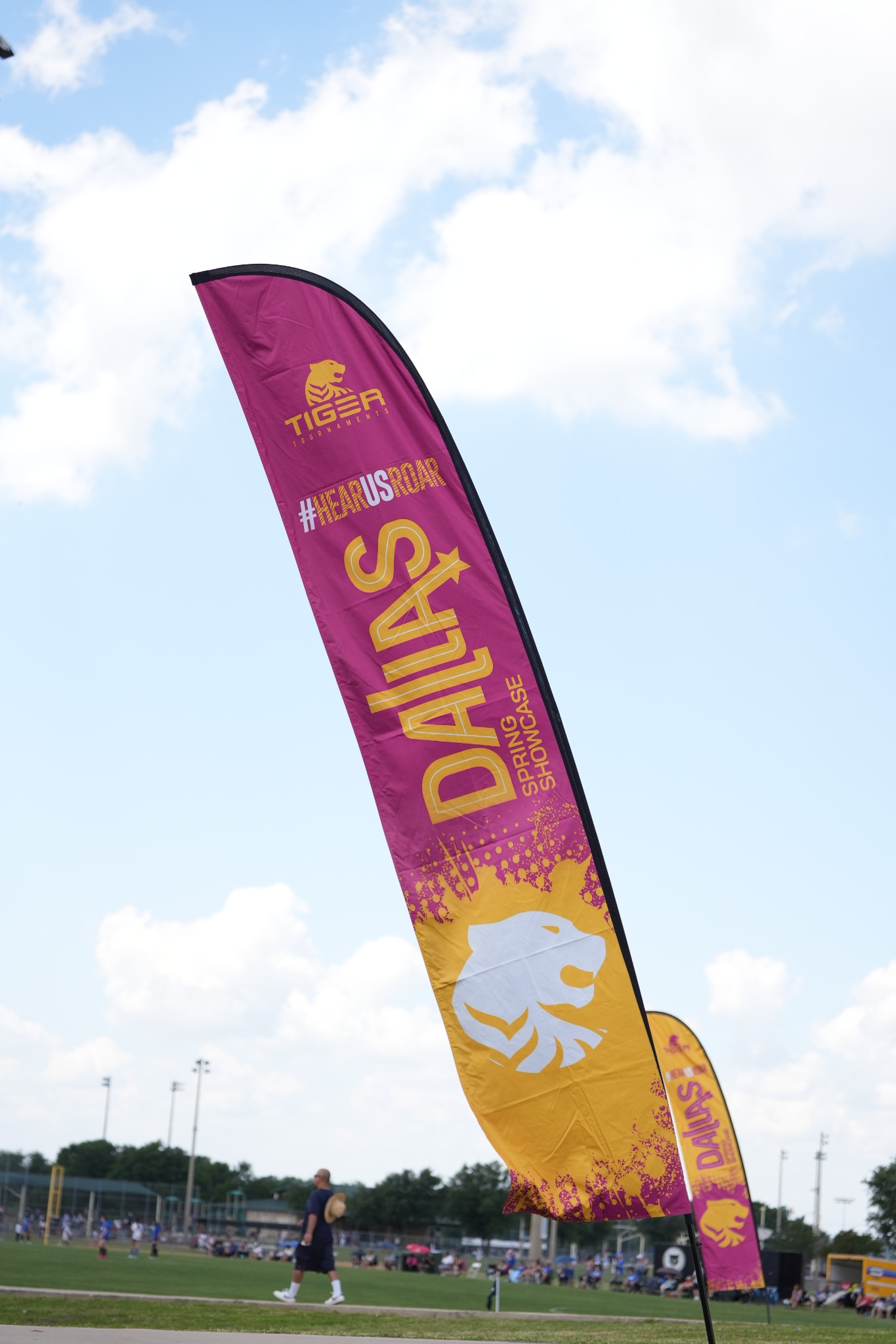 Pink and gold Dallas feather flag installed beside a soccer field
