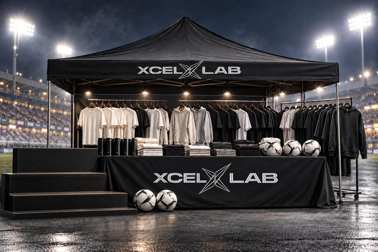 Xcel Lab branded canopy and tablecloth with coordinated soccer event merchandise under a black canopy