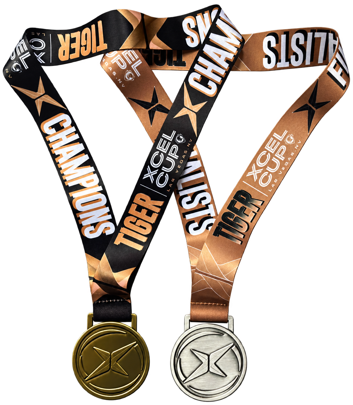 Xcel Cup champion and finalist medals with custom ribbons